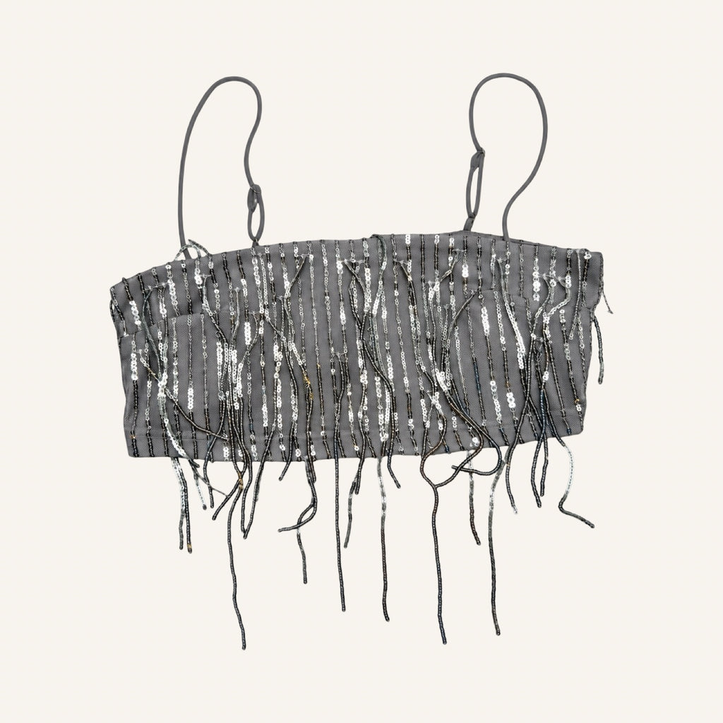NA-KD Silver Fringe – Cropped Sequin Top | S