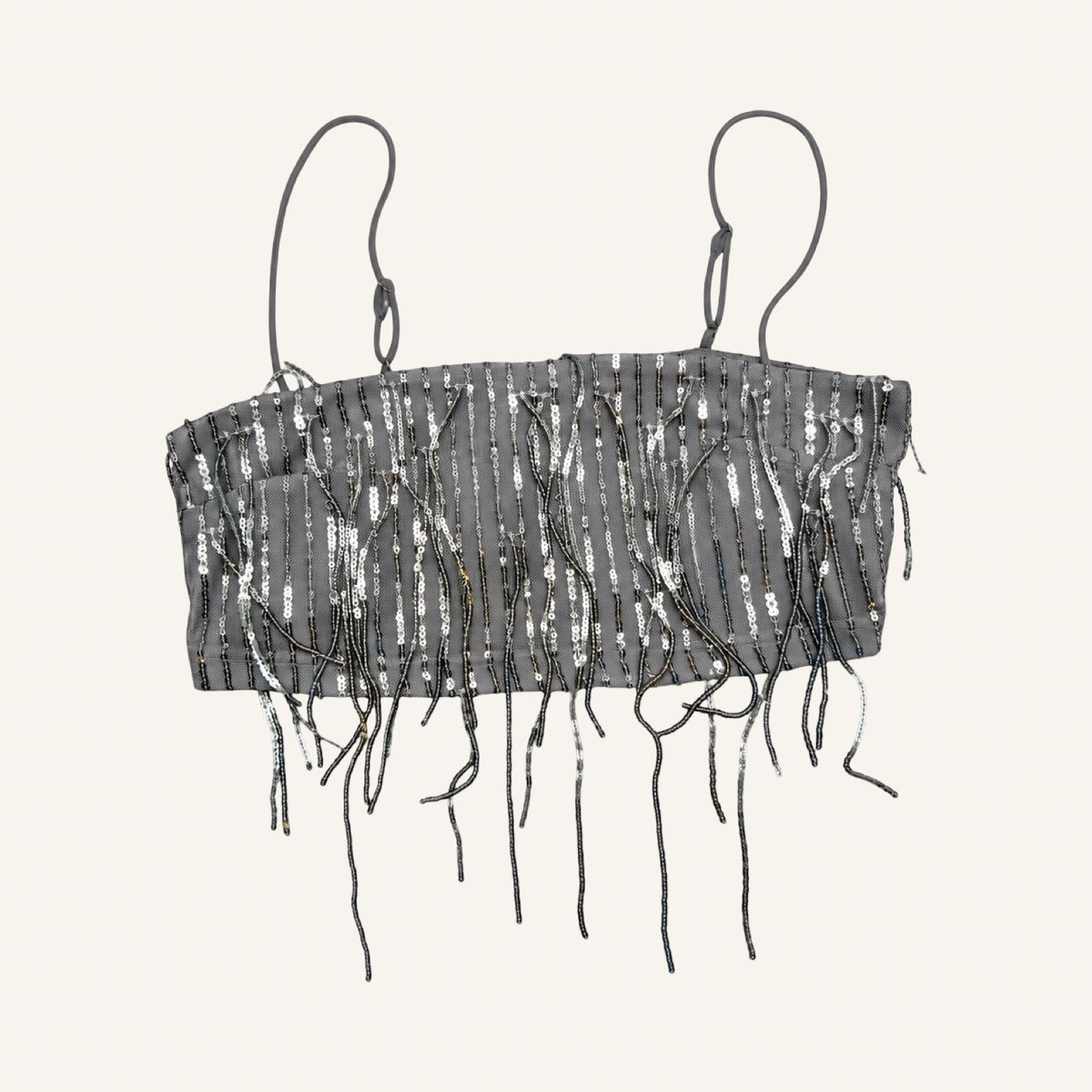 NA-KD Silver Fringe – Cropped Sequin Top | S