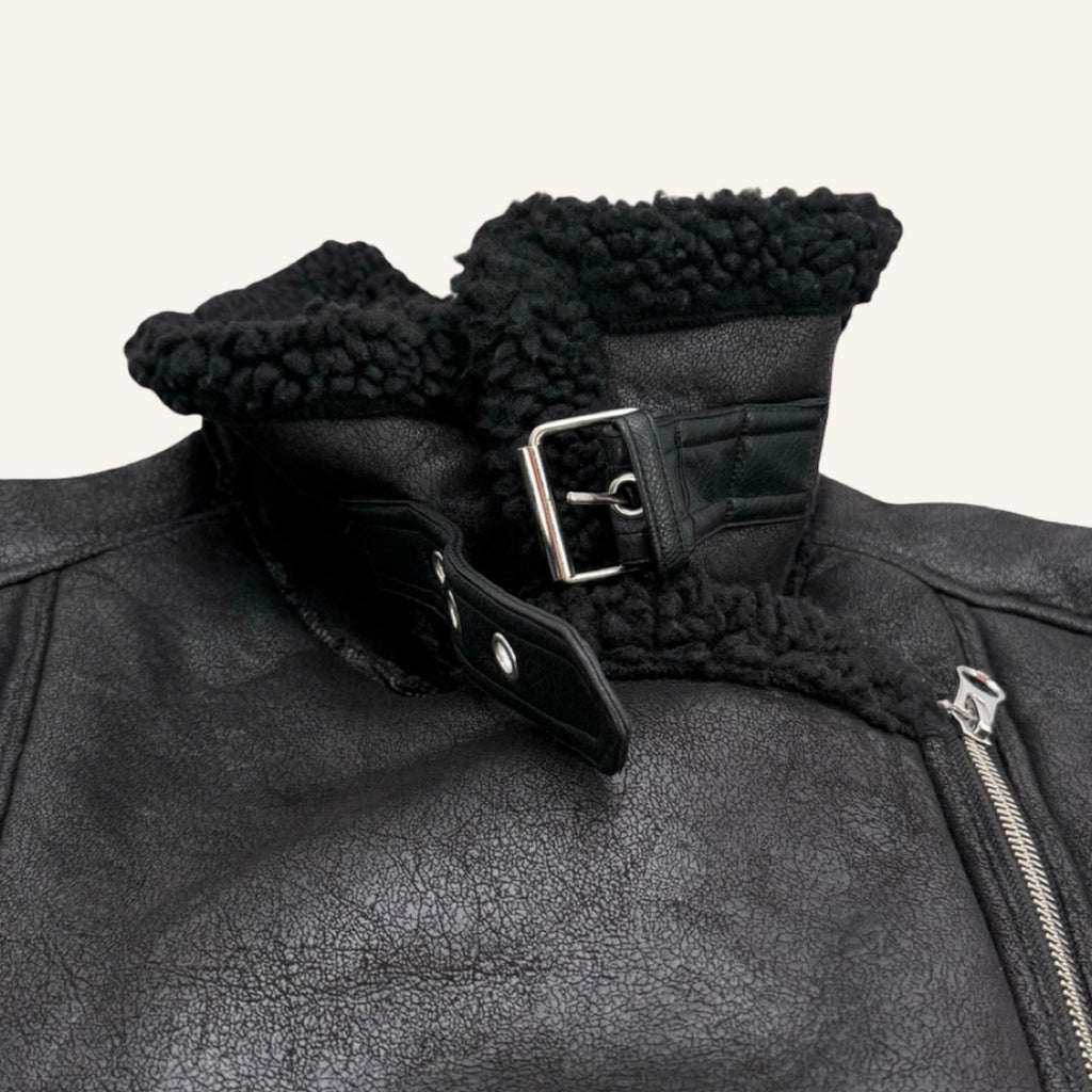 H&M Black Aviator Jacket – Teddy-Lined Biker Style | XXL