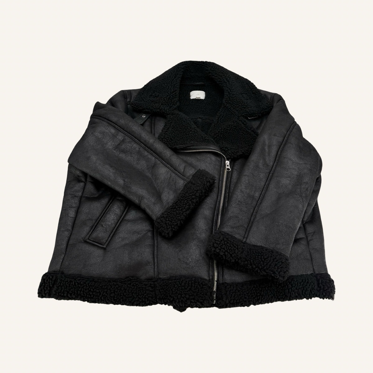 H&M Black Aviator Jacket – Teddy-Lined Biker Style | XXL