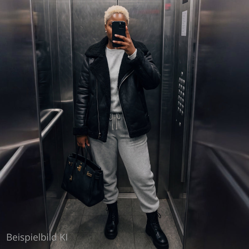 H&M Black Aviator Jacket – Teddy-Lined Biker Style | XXL