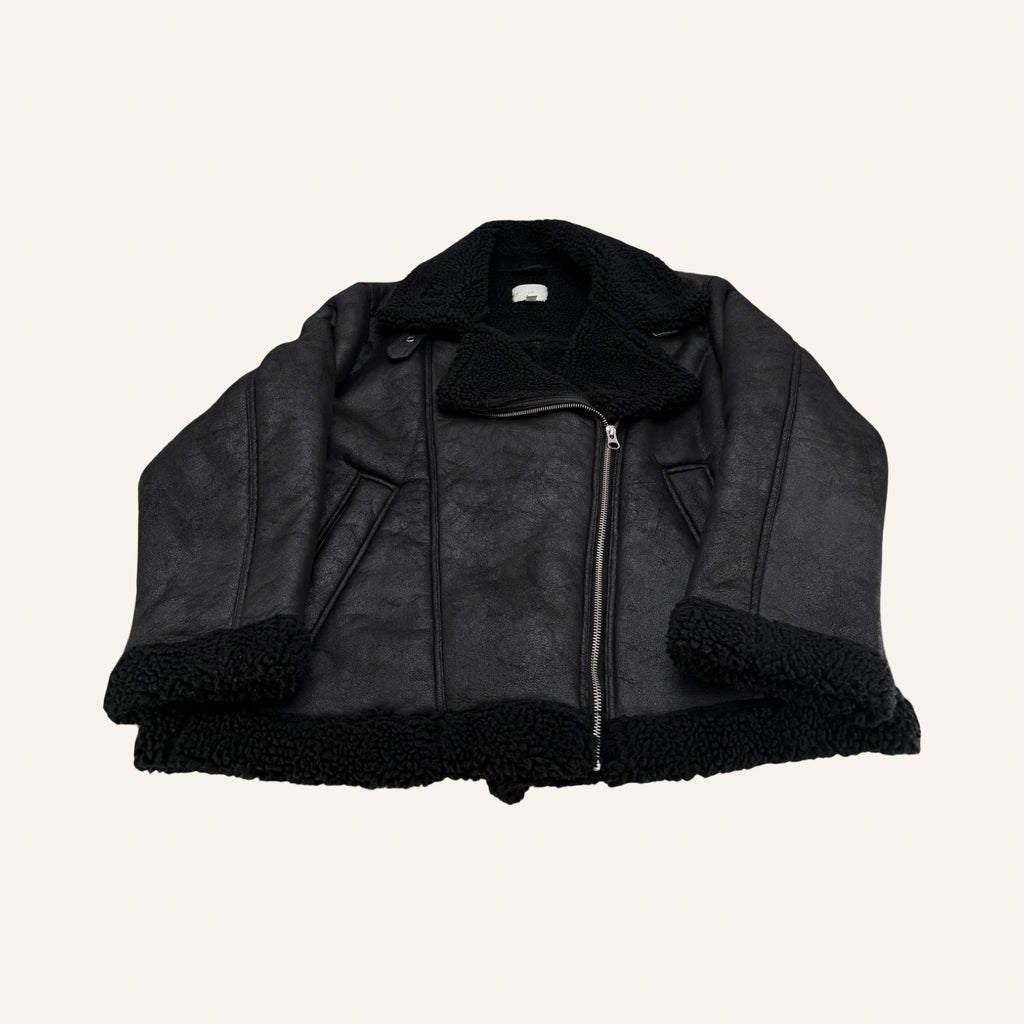H&M Black Aviator Jacket – Teddy-Lined Biker Style | XXL