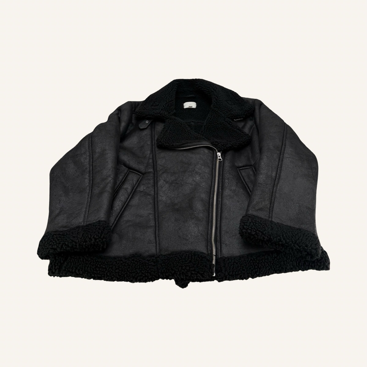 H&M Black Aviator Jacket – Teddy-Lined Biker Style | XXL
