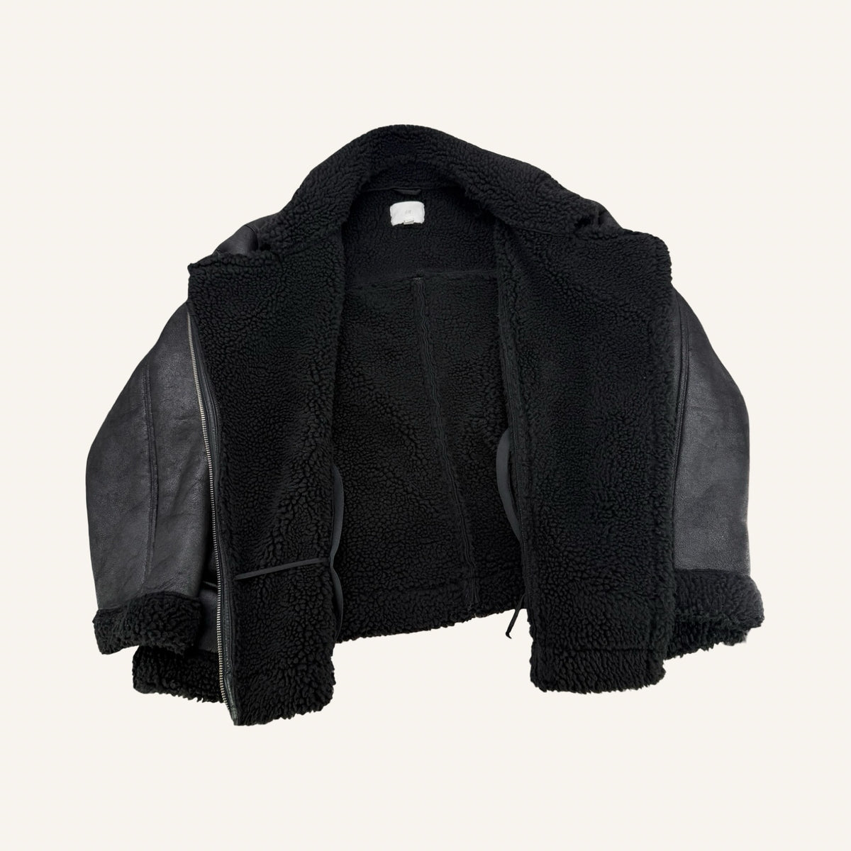 H&M Black Aviator Jacket – Teddy-Lined Biker Style | XXL