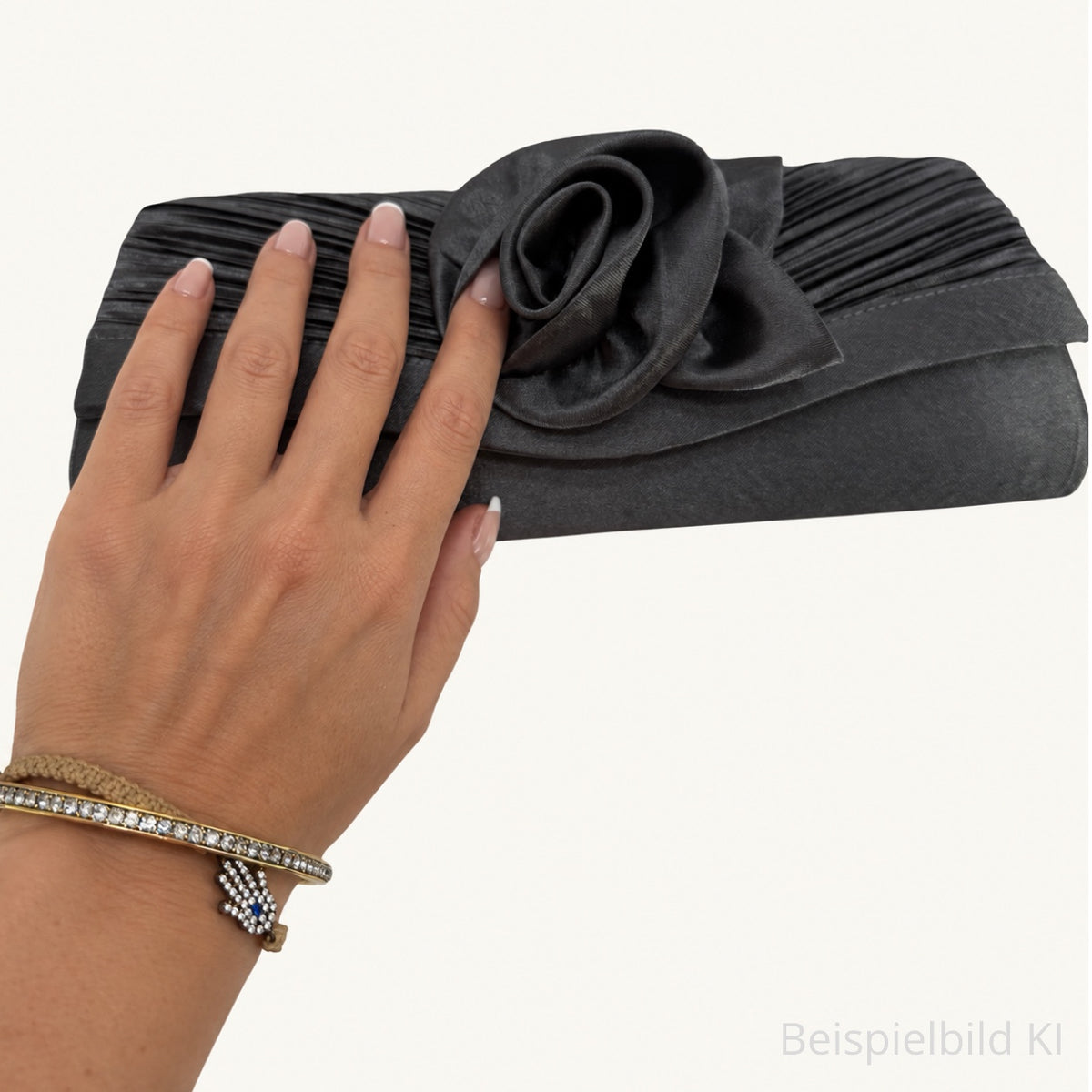 Anthracite Rose – Elegante Satin-Clutch mit 3D-Blüte
